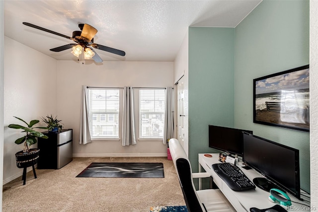 office featuring light carpet and a textured ceiling