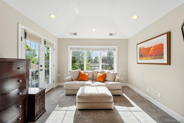 1317 S Saint Paul St, Denver, CO 80210 - living area with light colored carpet, baseboards, vaulted ceiling, and recessed lighting