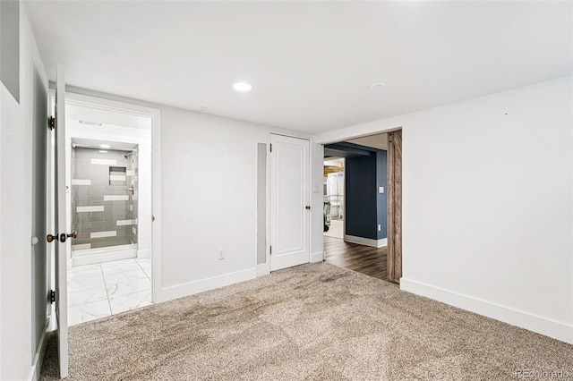 unfurnished room featuring baseboards, recessed lighting, and carpet flooring