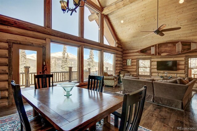 1198 Kootchie Kootchie Rd, Alma, CO 80420 - dining room featuring a mountain view, wood-type flooring, ceiling fan with notable chandelier, high vaulted ceiling, and log walls