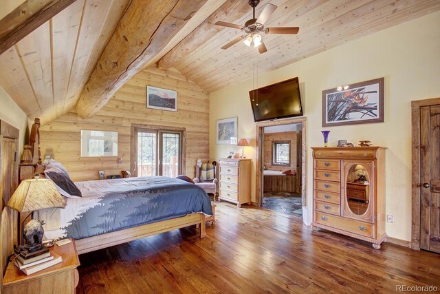 1198 Kootchie Kootchie Rd, Alma, CO 80420 - bedroom with ceiling fan, lofted ceiling with beams, wood walls, and hardwood / wood-style flooring