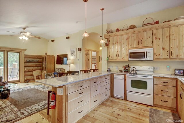 1198 Kootchie Kootchie Rd, Alma, CO 80420 - kitchen featuring ceiling fan, light hardwood / wood-style flooring, kitchen peninsula, white appliances, and lofted ceiling