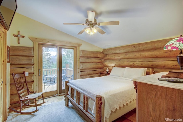 1198 Kootchie Kootchie Rd, Alma, CO 80420 - bedroom featuring ceiling fan, hardwood / wood-style floors, vaulted ceiling, access to exterior, and log walls