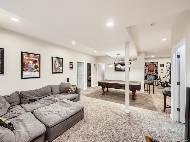 living room with carpet floors and pool table