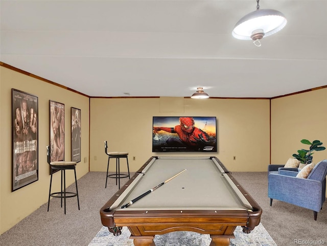 game room featuring crown molding, carpet, and billiards