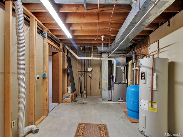 unfinished basement with heating unit and water heater