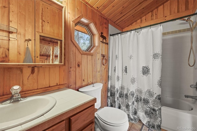 bathroom with toilet, wood ceiling, wooden walls, and lofted ceiling