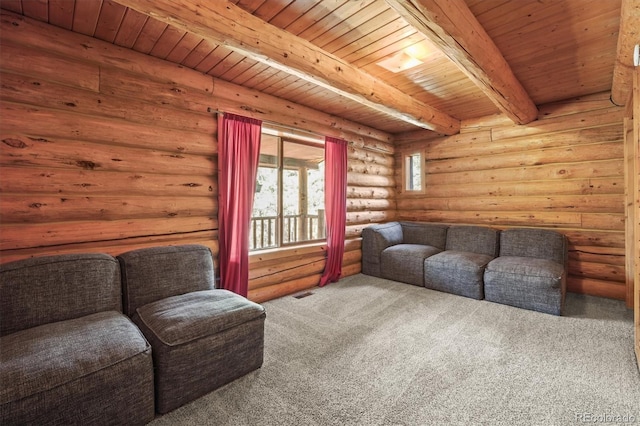 carpeted living area with visible vents, wooden ceiling, rustic walls, and beam ceiling