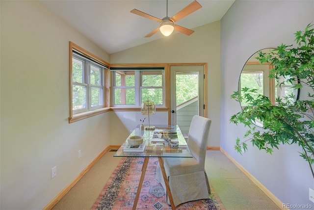 3966 Bosque Ct, Boulder, CO 80301 - carpeted office with baseboards, vaulted ceiling, and a ceiling fan