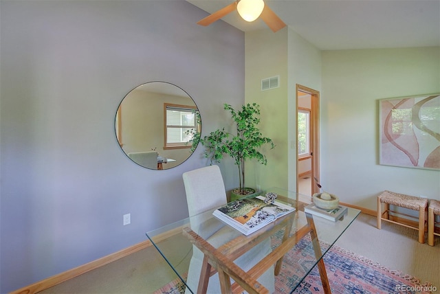 3966 Bosque Ct, Boulder, CO 80301 - carpeted dining room with a ceiling fan, baseboards, and lofted ceiling