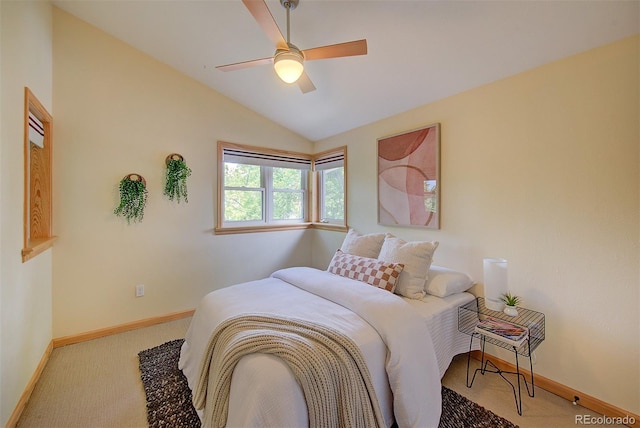 3966 Bosque Ct, Boulder, CO 80301 - carpeted bedroom with baseboards, vaulted ceiling, and a ceiling fan