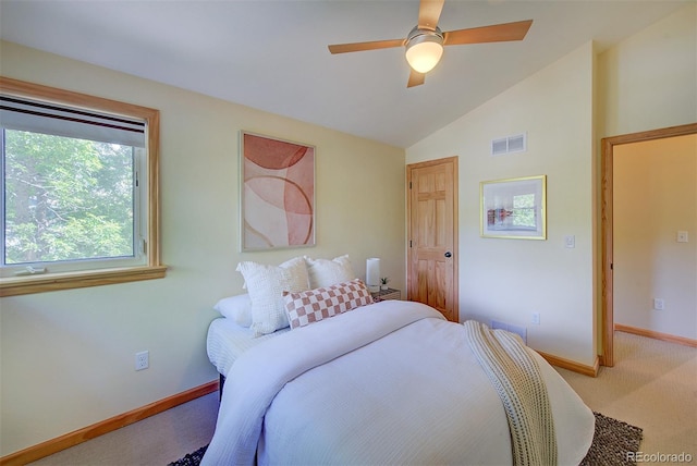 3966 Bosque Ct, Boulder, CO 80301 - carpeted bedroom with baseboards, vaulted ceiling, and ceiling fan