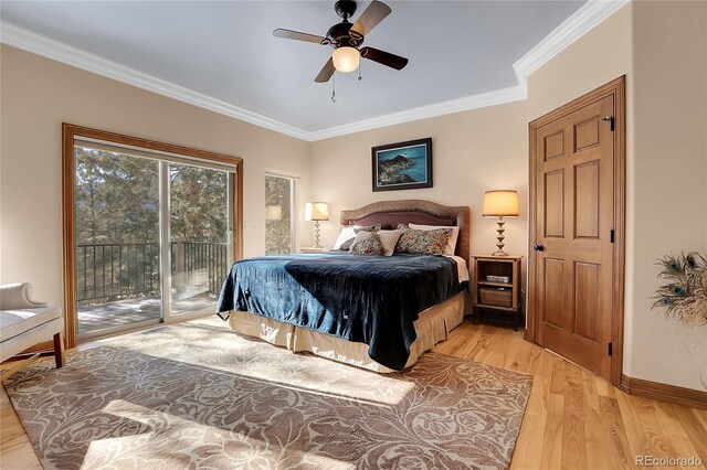 bedroom with access to exterior, crown molding, ceiling fan, and light wood-type flooring