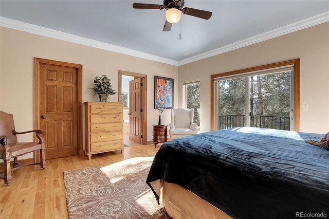 bedroom with access to exterior, ornamental molding, light hardwood / wood-style floors, and ceiling fan