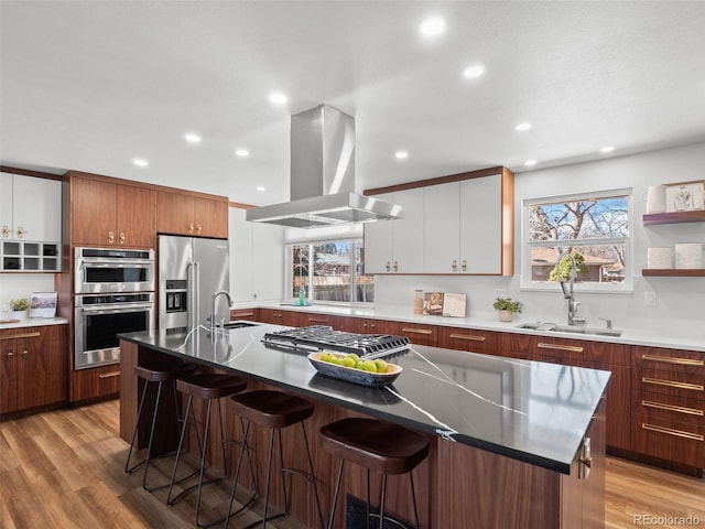 kitchen featuring appliances with stainless steel finishes, island exhaust hood, a sink, and a kitchen island