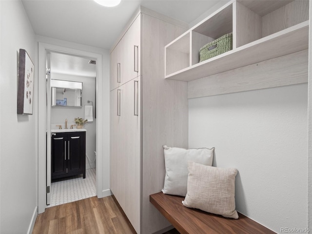 mudroom featuring a sink and wood finished floors