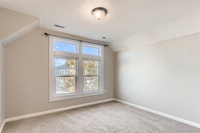 additional living space featuring carpet, lofted ceiling, and a textured ceiling