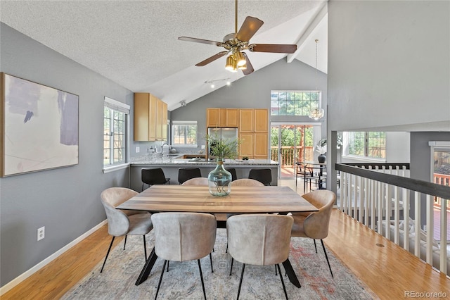 19937 E Loyola Pl, Aurora, CO 80013 - dining room featuring light wood finished floors, a ceiling fan, a textured ceiling, high vaulted ceiling, and beamed ceiling