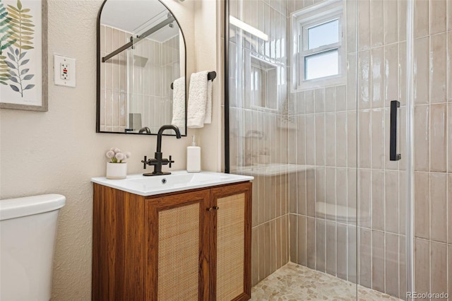 bathroom with toilet, a stall shower, and vanity