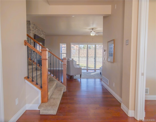 interior space featuring ceiling fan and dark hardwood / wood-style flooring