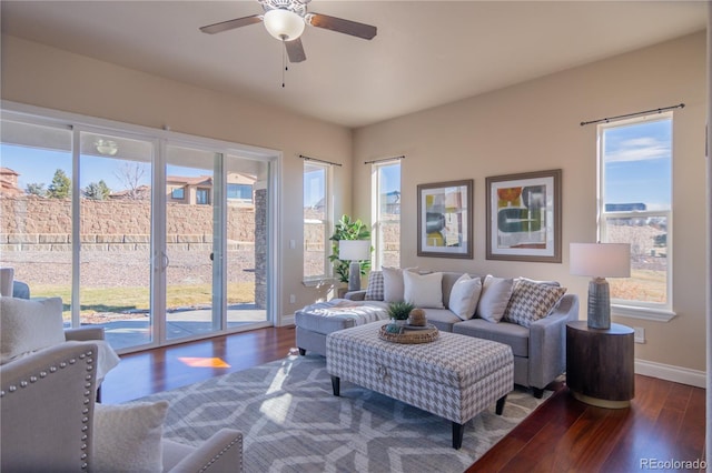 living room with ceiling fan, a healthy amount of sunlight, and dark hardwood / wood-style flooring