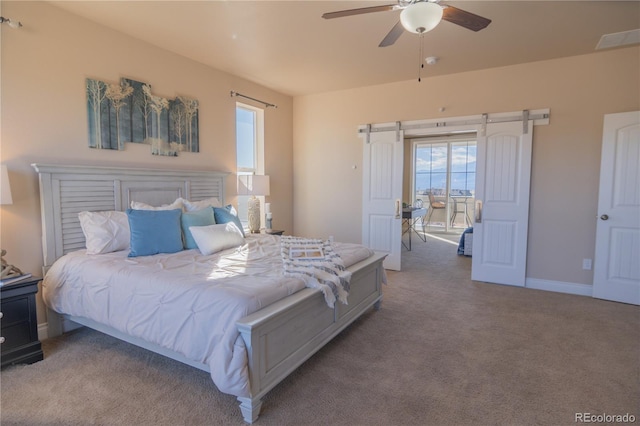 bedroom with light carpet and ceiling fan