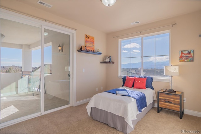 bedroom featuring a mountain view, light carpet, and a closet