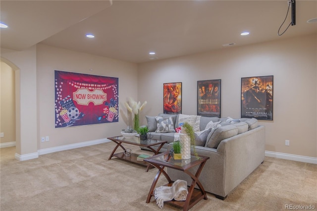 living room featuring light colored carpet