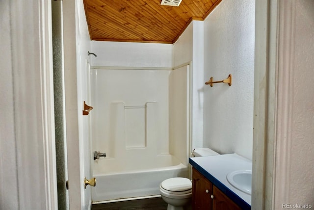 full bathroom featuring vanity, wood ceiling, toilet, shower / bath combination, and ornamental molding