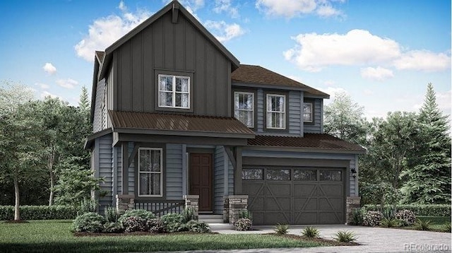 12626 W Frost Ave, Littleton, CO 80127 - view of front facade featuring board and batten siding, an attached garage, driveway, and metal roof