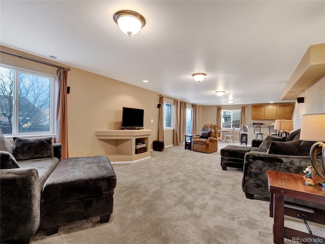 living room featuring light colored carpet