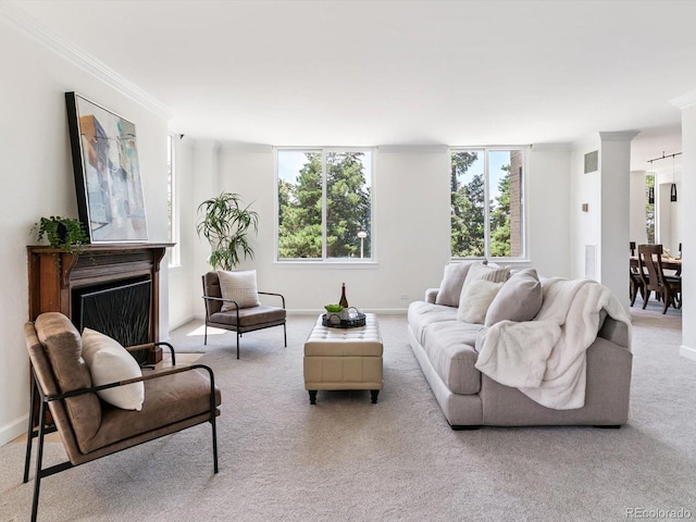 1111 Race St Unit 3A, Denver, CO 80206 - living room featuring carpet flooring, crown molding, and a fireplace