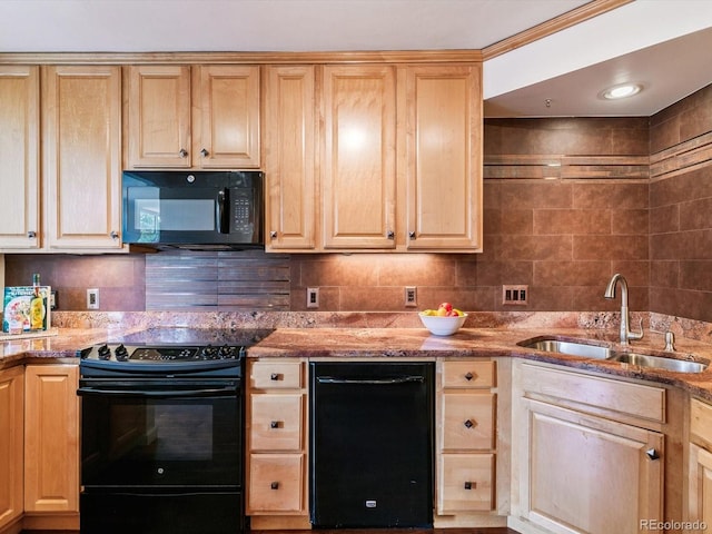 1111 Race St Unit 3A, Denver, CO 80206 - kitchen featuring black appliances, light brown cabinets, and light stone countertops