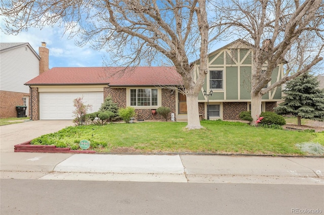 14867 E Harvard Ave, Aurora, CO 80014 - split level home with concrete driveway, brick siding, a front yard, and a garage