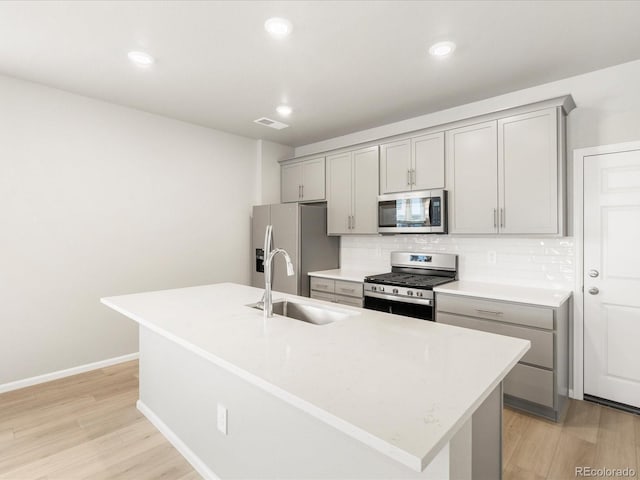 764 N Tempe St, Aurora, CO 80018 - kitchen featuring stainless steel appliances, a sink, backsplash, light wood-style floors, and gray cabinetry