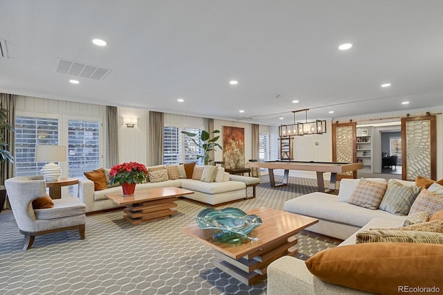 living area featuring billiards, visible vents, recessed lighting, crown molding, and a wealth of natural light