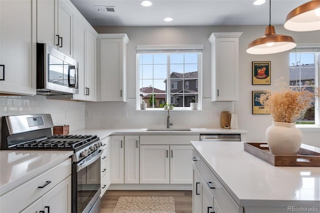 944 Alpine Ridge St, Erie, CO 80516 - kitchen featuring stainless steel appliances, a sink, light countertops, light wood-style floors, and white cabinetry