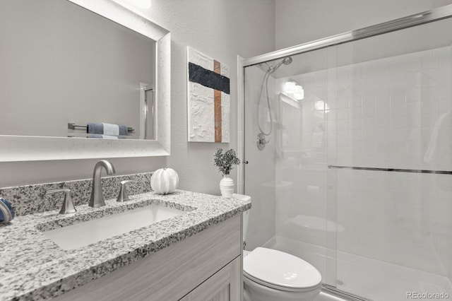 6868 Los Reyes Cir, Colorado Springs, CO 80918 - full bath featuring a stall shower, toilet, vanity, and a textured wall