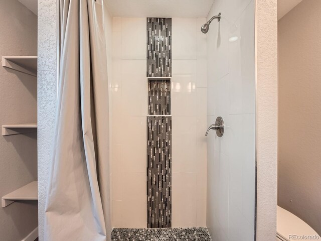 bathroom featuring a shower with curtain and toilet