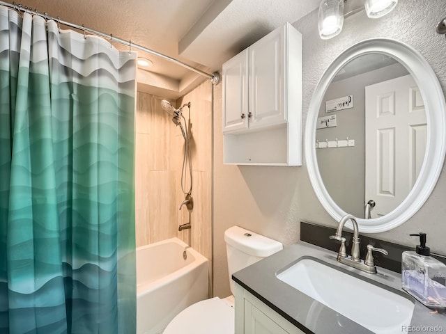 full bathroom featuring toilet, vanity, and shower / bathtub combination with curtain