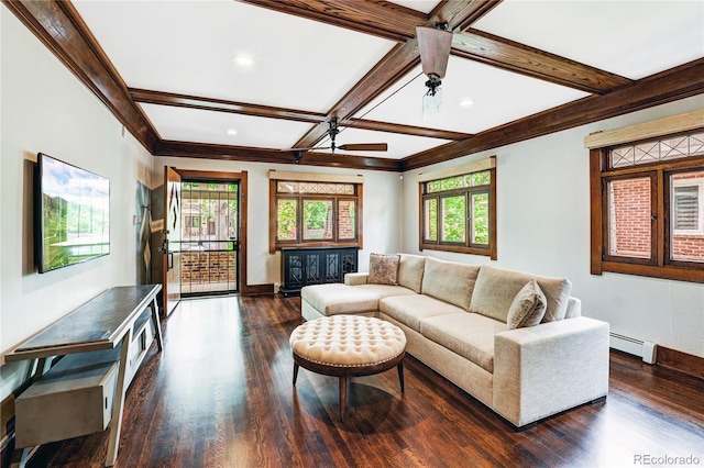 living room with a baseboard radiator, dark hardwood / wood-style floors, beam ceiling, coffered ceiling, and ceiling fan