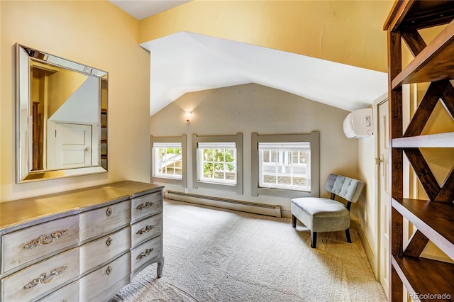 living area featuring light colored carpet, lofted ceiling, baseboard heating, and a wall mounted AC