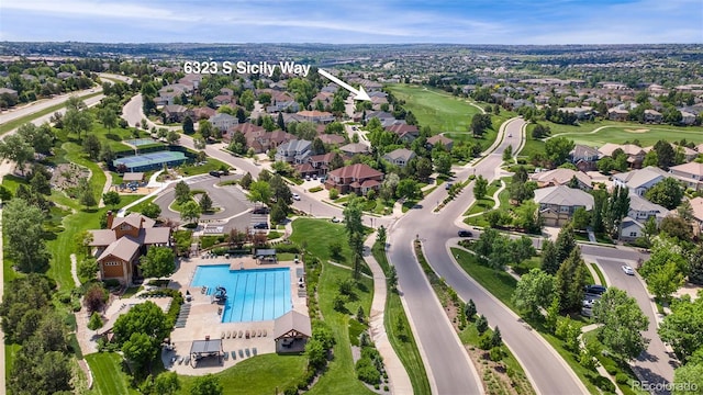 6323 S Sicily Way, Aurora, CO 80016 - aerial perspective of suburban area with a pool area and a golf club