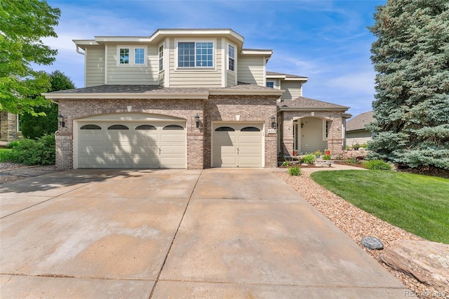 6323 S Sicily Way, Aurora, CO 80016 - view of front of home with a garage, brick siding, concrete driveway, roof with shingles, and a front yard