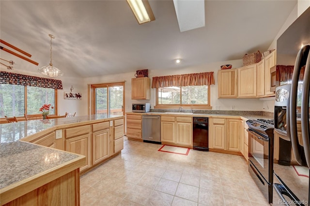 kitchen featuring light brown cabinetry, stainless steel appliances, vaulted ceiling, decorative light fixtures, and an inviting chandelier