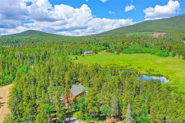 drone / aerial view with a water and mountain view