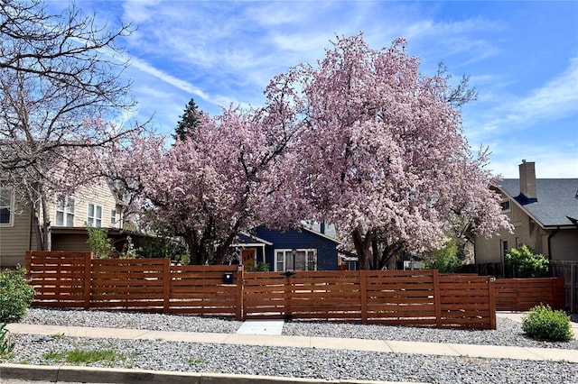 view of side of home with a fenced front yard and a chimney