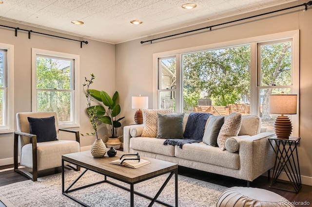 living area featuring wood finished floors, healthy amount of natural light, recessed lighting, and baseboards
