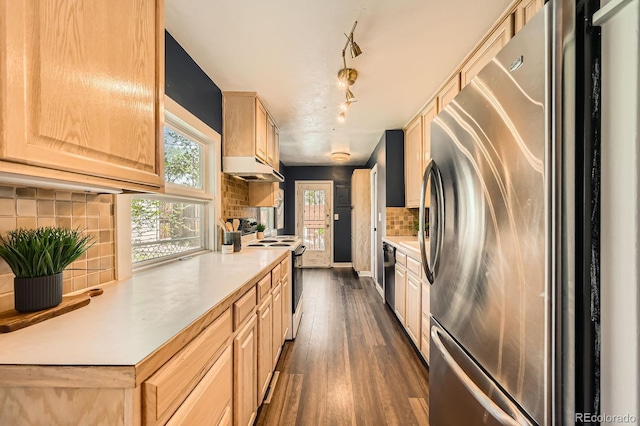 kitchen featuring appliances with stainless steel finishes, light brown cabinetry, light countertops, decorative backsplash, and dark wood-type flooring