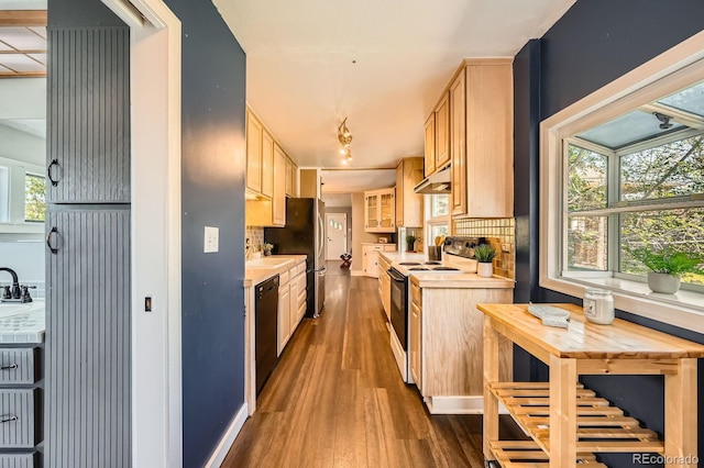 kitchen featuring electric stove, under cabinet range hood, dishwasher, light countertops, and wood finished floors